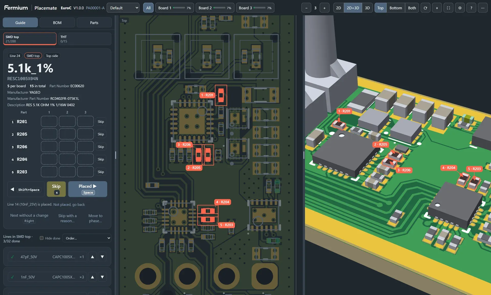 Placemate guide on the EuroC board: the line 5.1k_1% with its 5 resistors highlighted in the 2D view and the 3D view, with the progress of 3 boards.