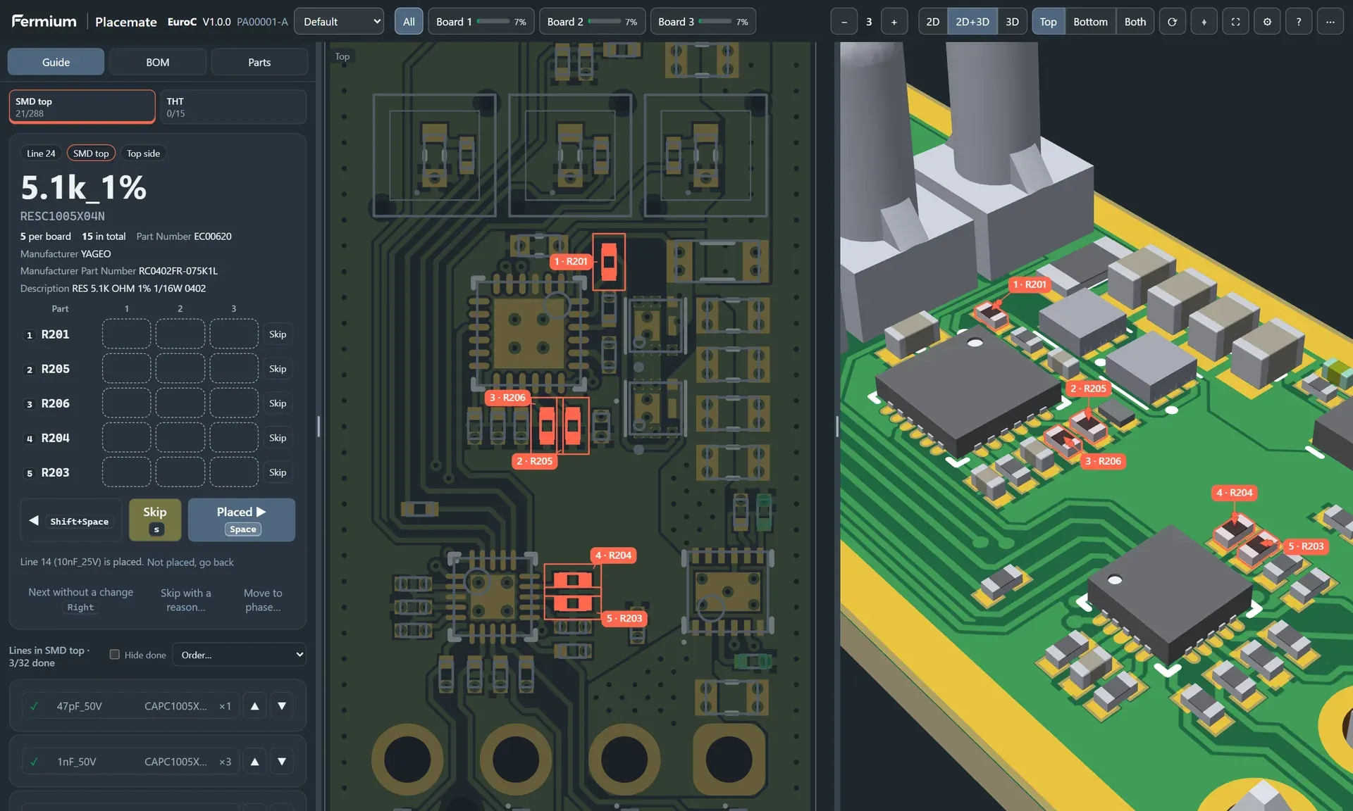 Placemate guide on the EuroC board: the line 5.1k_1% with its 5 resistors highlighted in the 2D view and the 3D view, with the progress of 3 boards.