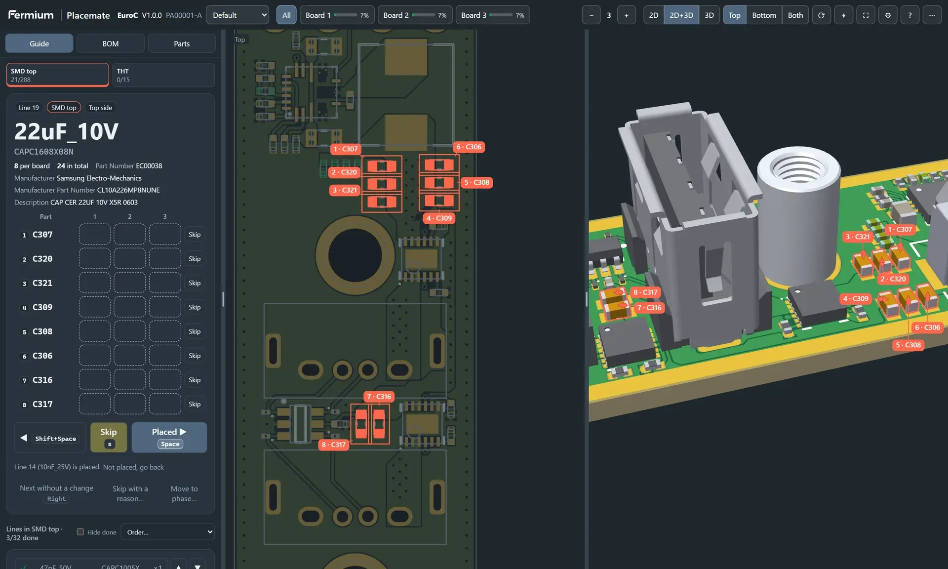 Placemate guide with the line 22uF_10V: 8 capacitors highlighted on the EuroC board in 2D and 3D, with a table of the parts on 3 boards.