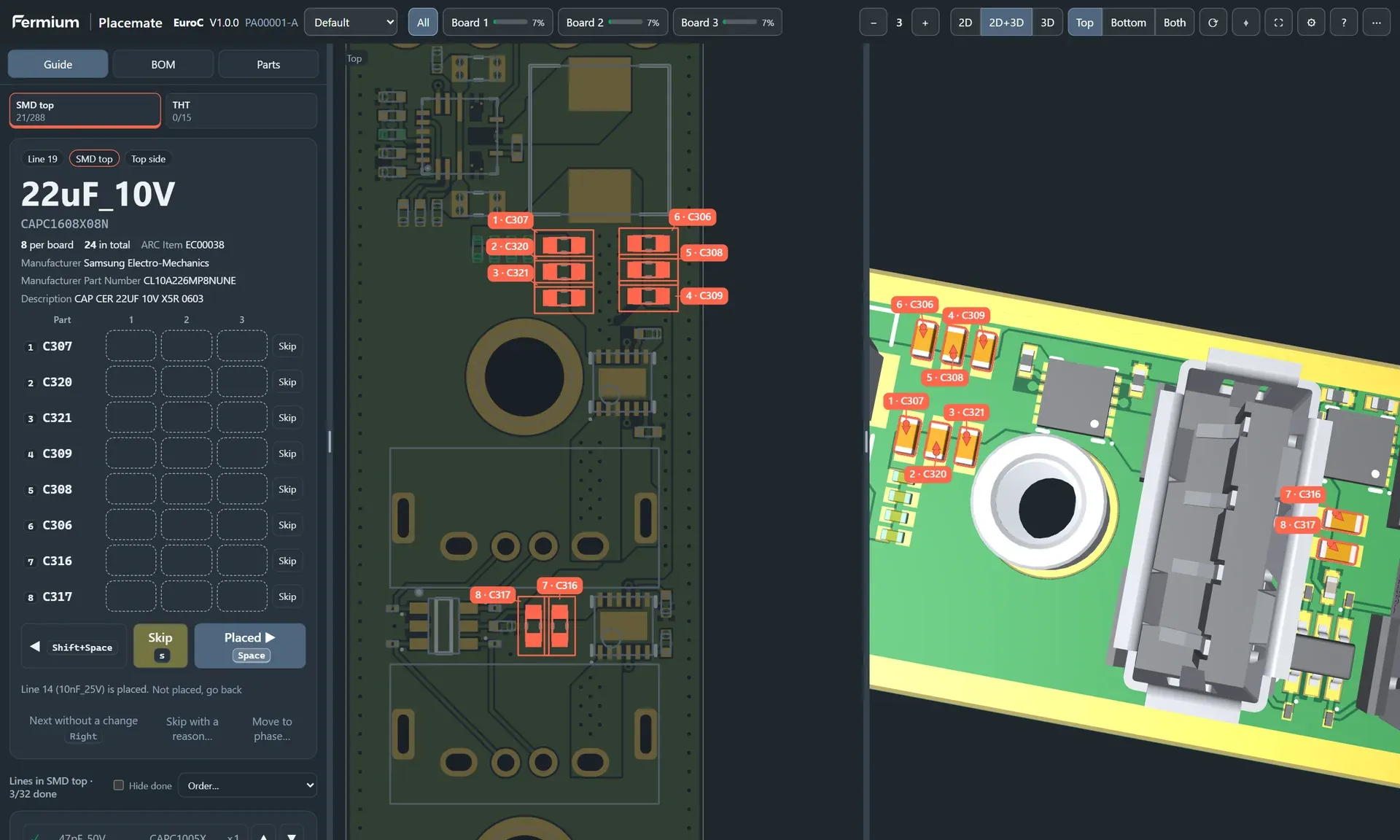 Placemate with 8 capacitors of one BOM line highlighted on the board, a table of the parts on 3 boards, and the 3D view.