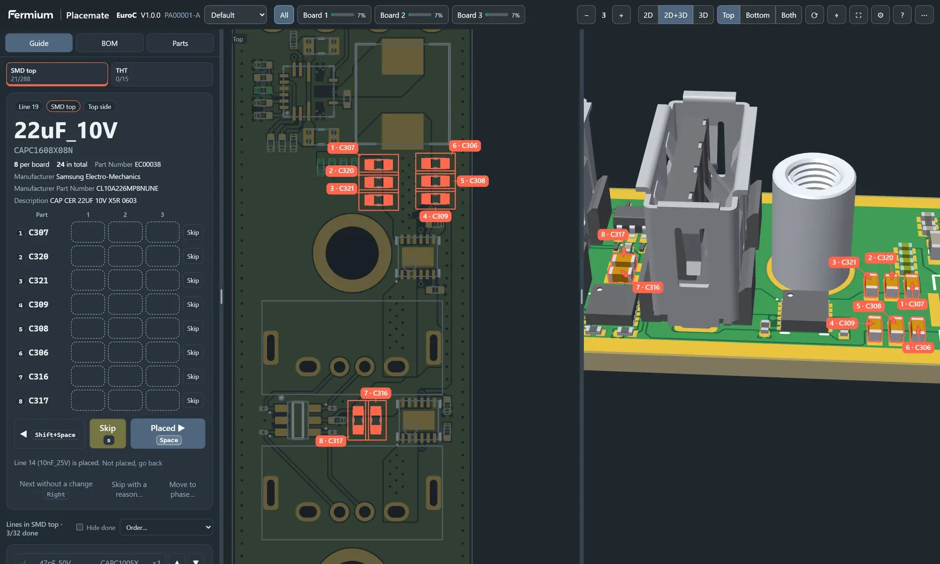 Placemate guide with the line 22uF_10V: 8 capacitors highlighted on the EuroC board in 2D and 3D, with a table of the parts on 3 boards.