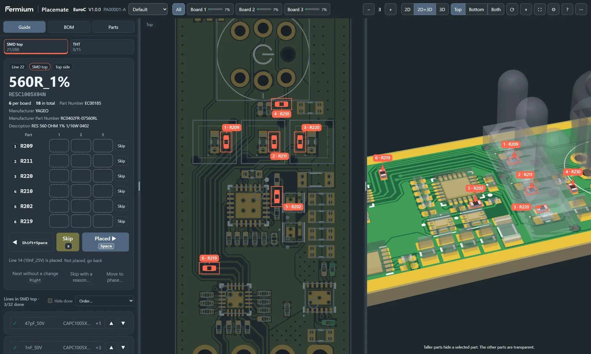 Placemate guide with the line 560R_1%: six resistors highlighted, and the tall light pipes in the 3D view drawn transparent.
