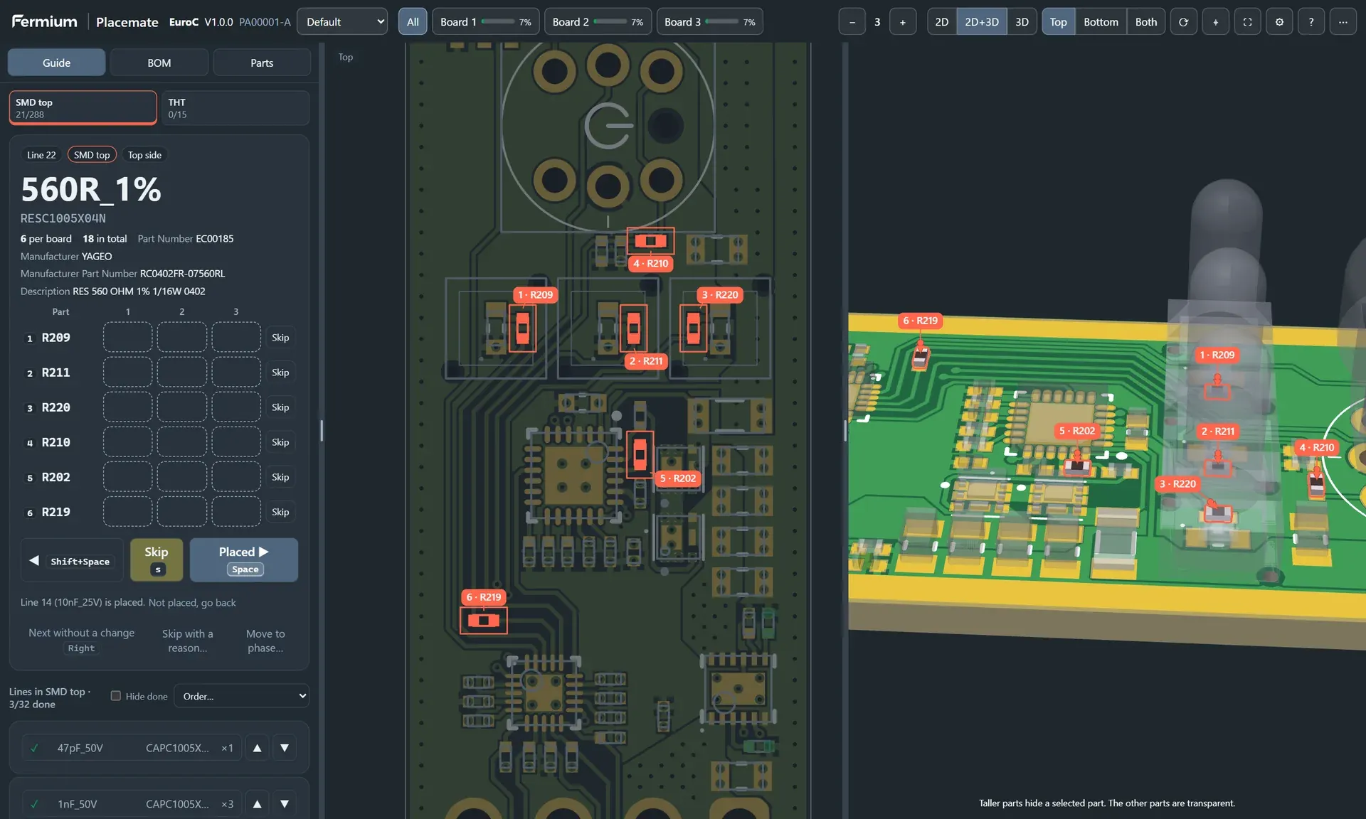 Placemate guide with the line 560R_1%: six resistors highlighted, and the tall light pipes in the 3D view drawn transparent.