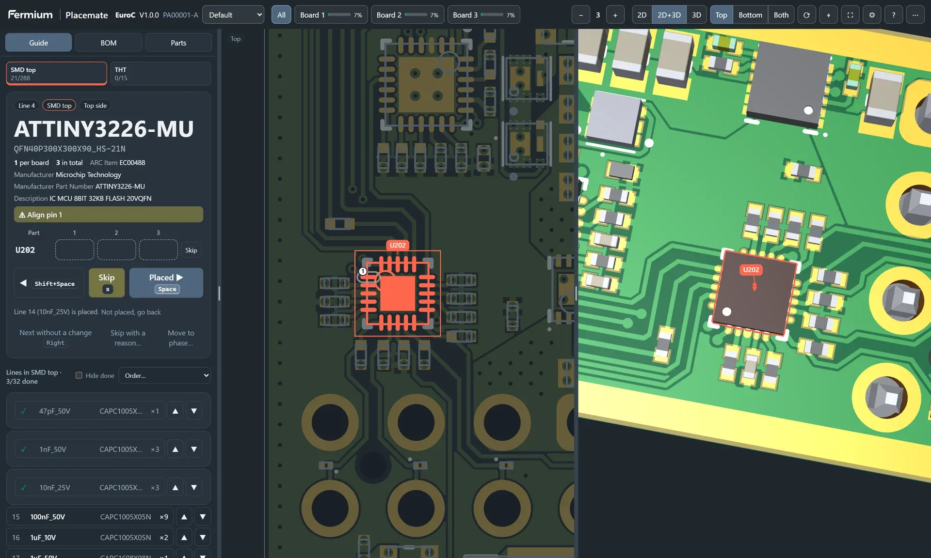 Placemate zoomed to a QFN microcontroller with pin 1 marked, next to the 3D view of the part.