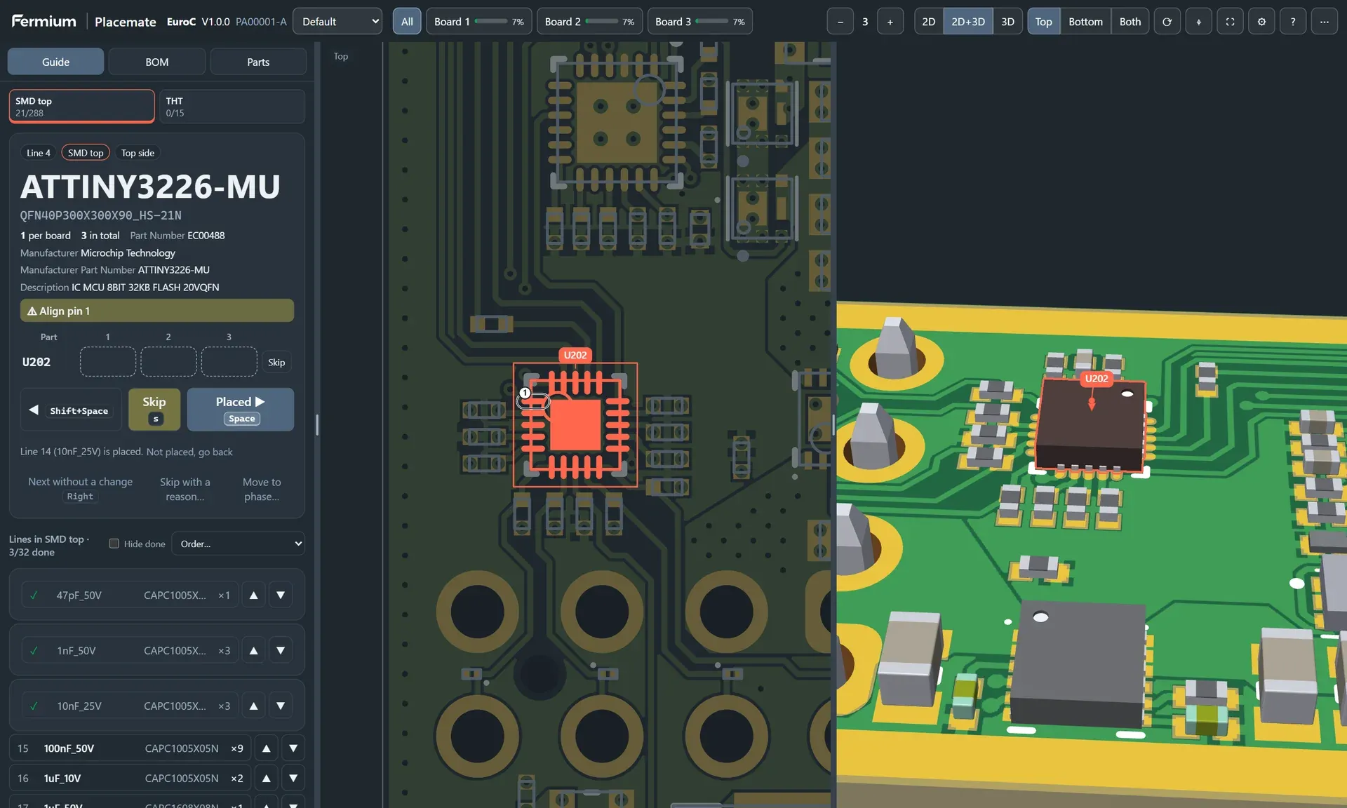 Placemate guide with the ATTINY3226 microcontroller: the 2D view zoomed to the QFN package with pin 1 marked, and the 3D view of the part.