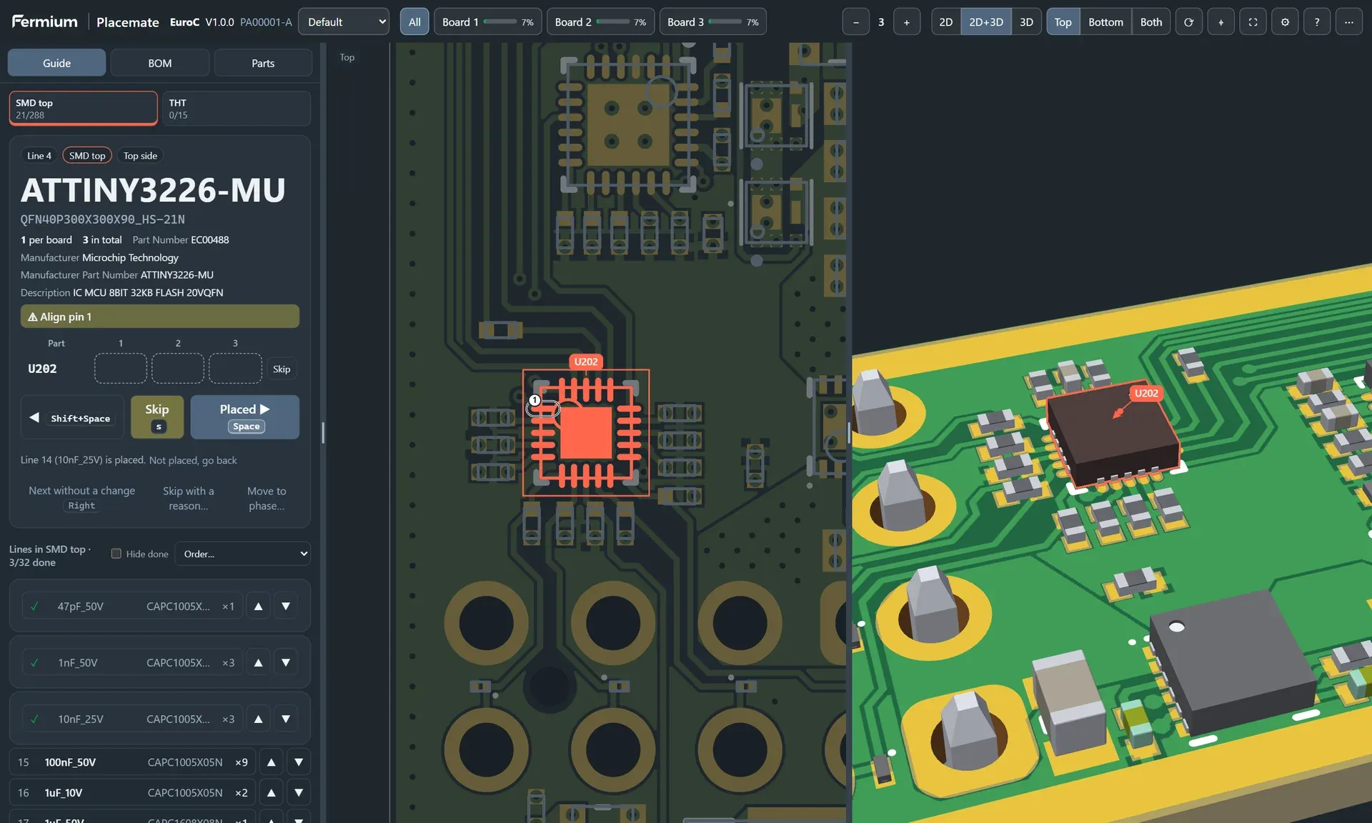 Placemate guide with the ATTINY3226 microcontroller: the 2D view zoomed to the QFN package with pin 1 marked, and the 3D view of the part.