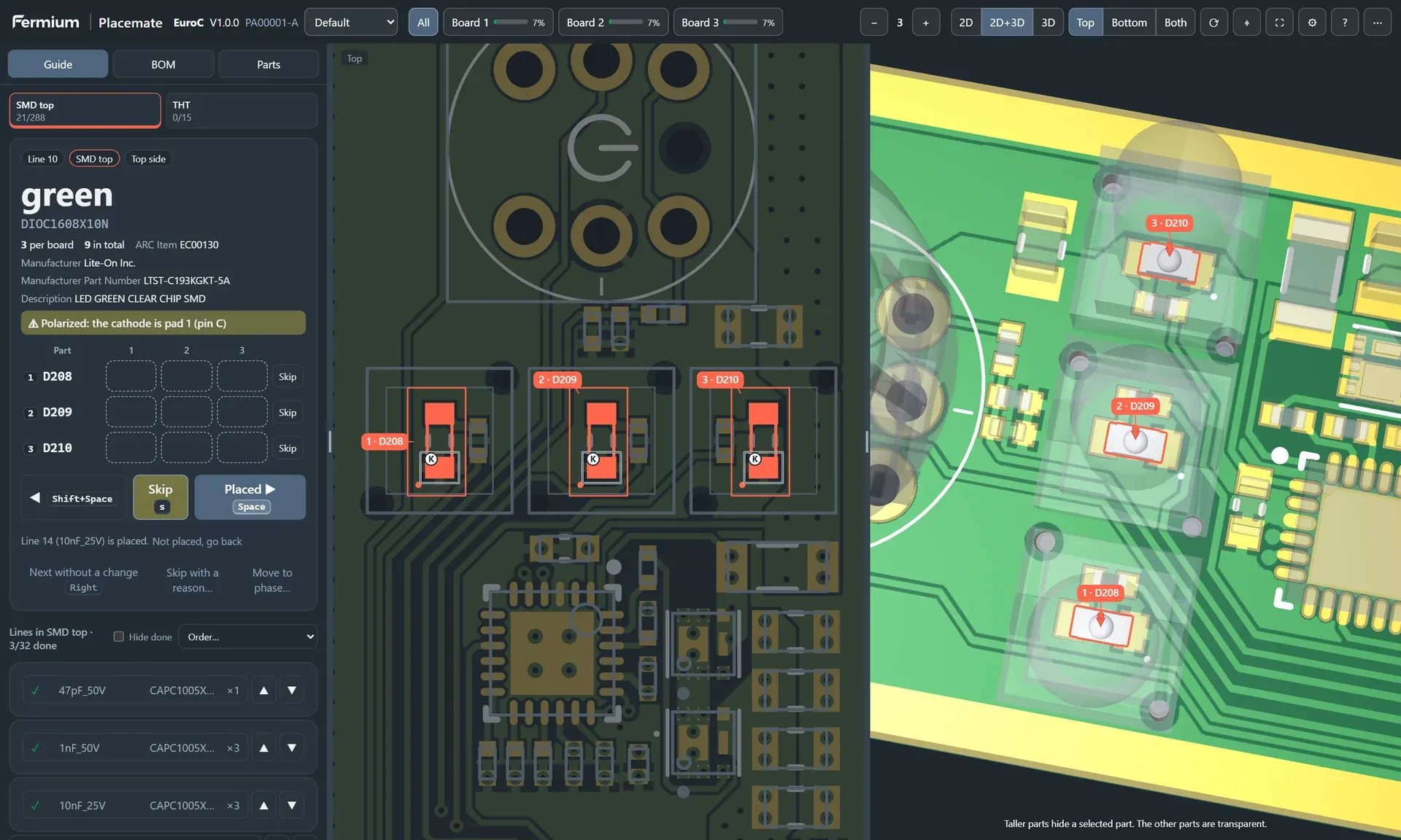 Placemate interactive BOM from Altium: three LEDs highlighted on the board, with the cathode marked on each part.