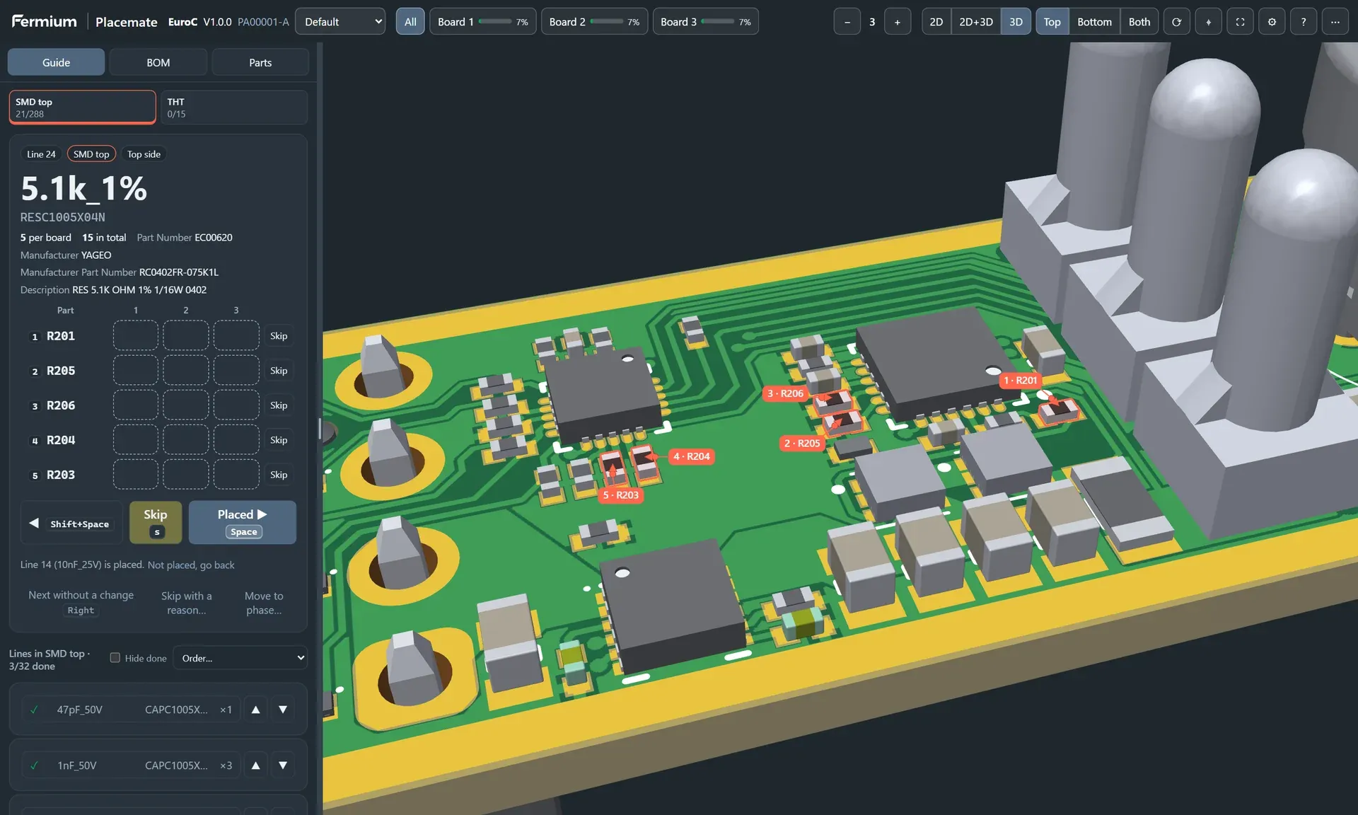 Placemate 3D view of the EuroC board with the 5 resistors of the current line marked by coral pins.