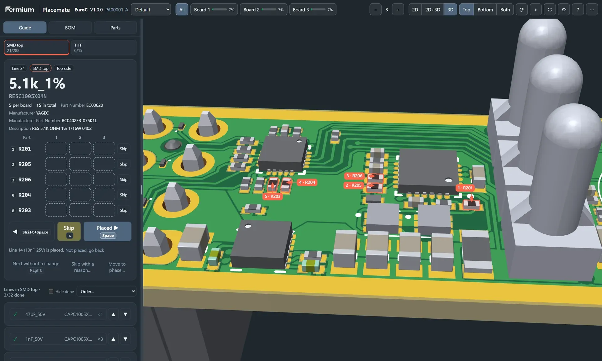 Placemate 3D view of the EuroC board with the 5 resistors of the current line marked by coral pins.